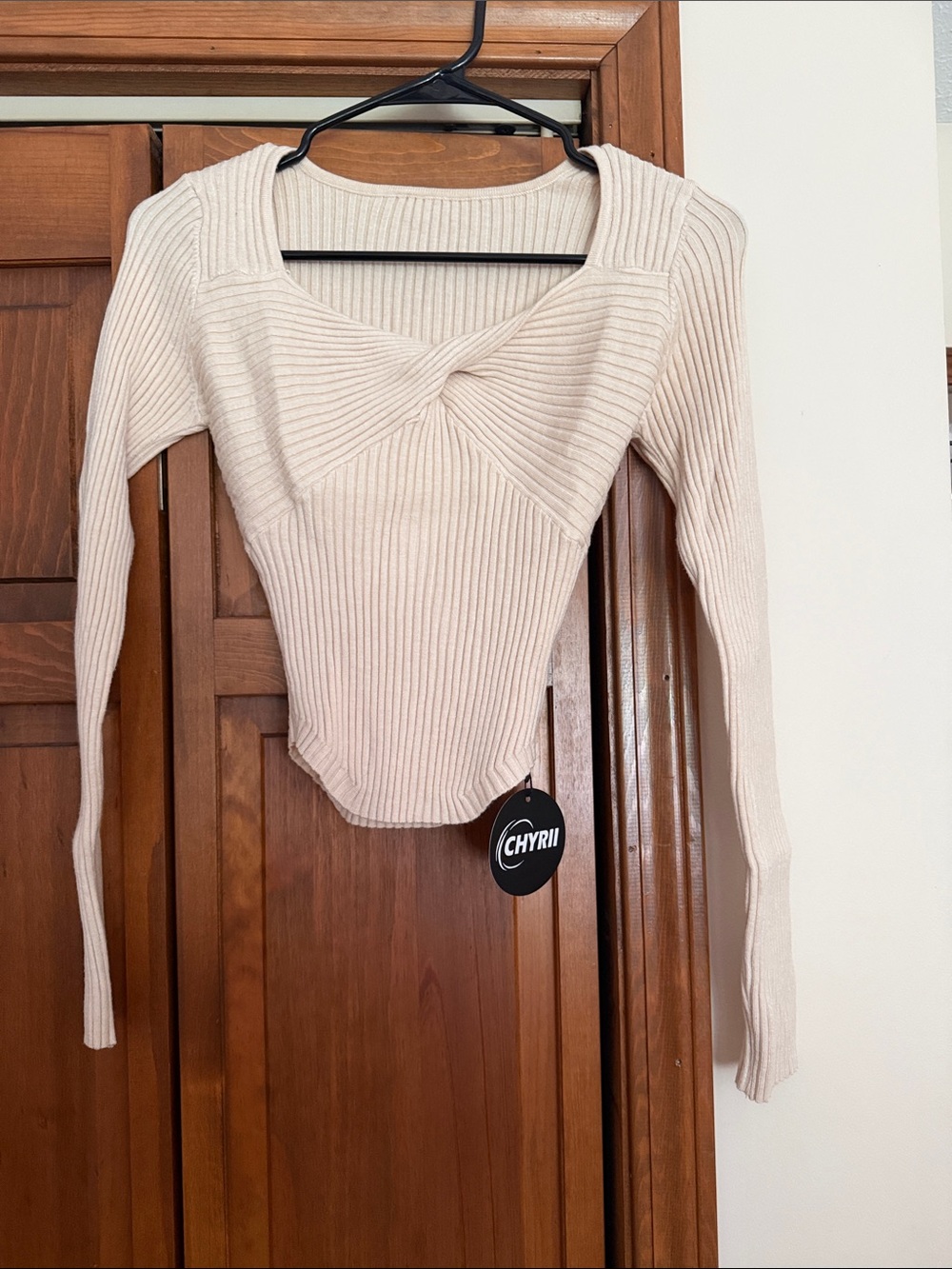 Cream Ribbed Twist-Front Womenβs Sweater